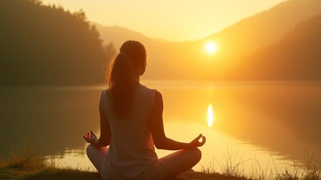 A person meditatively looking at a sunrise over a lake, with phone explicitly out of frame