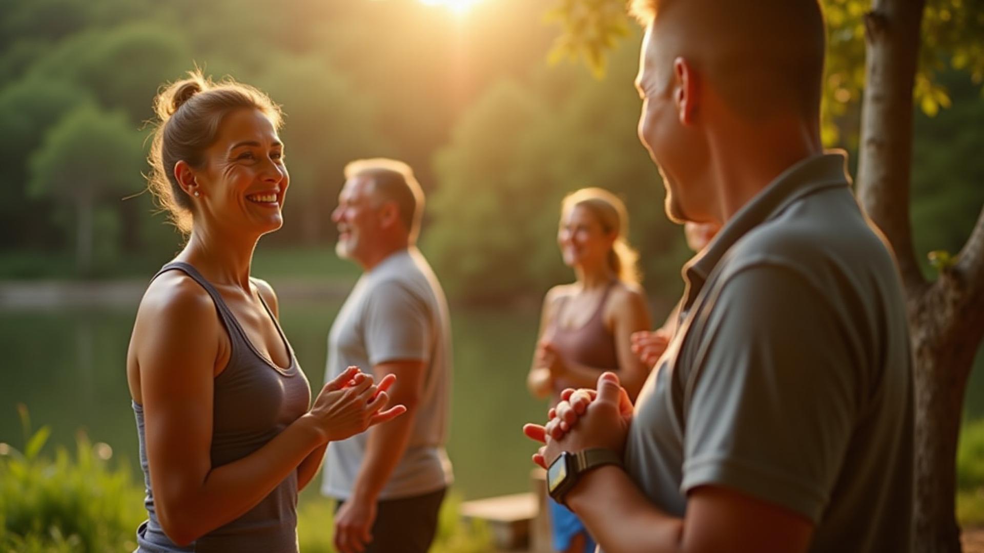 Diverse group of adults (35-65) engaging in various wellness activities in a vibrant Austin setting