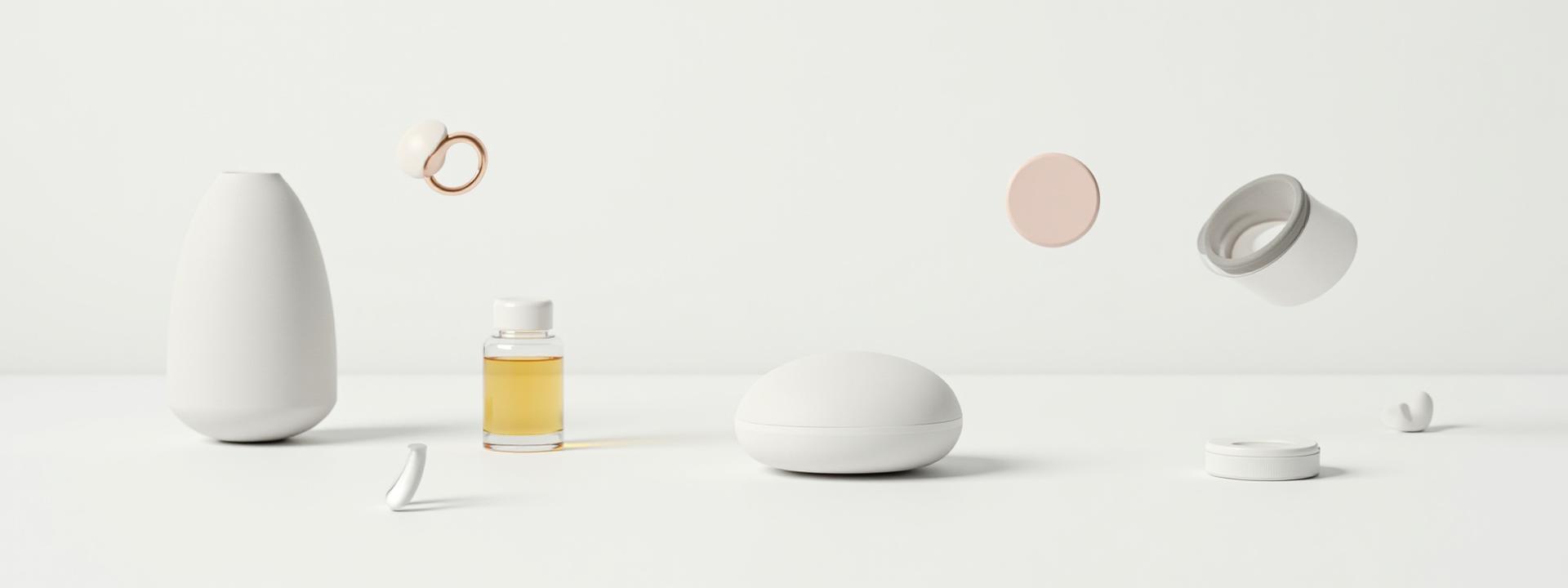 Artistically arranged premium wellness products like smart rings, supplements, and diffusers on a clean, modern surface.